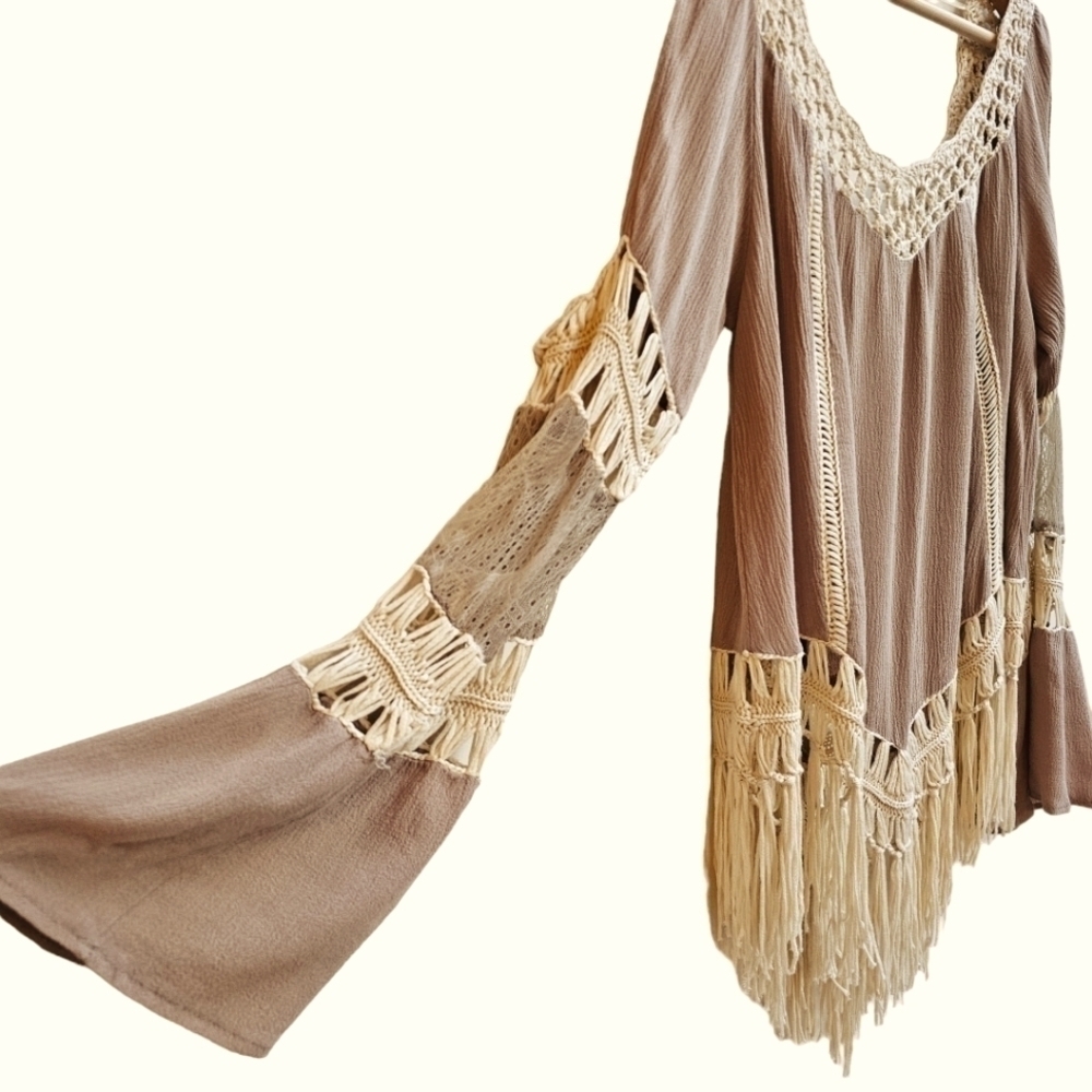 Umgee Macrame Fringe Tunic in Nude Tan Light Brown, Size Small (Oversized) - Picture 3 of 10